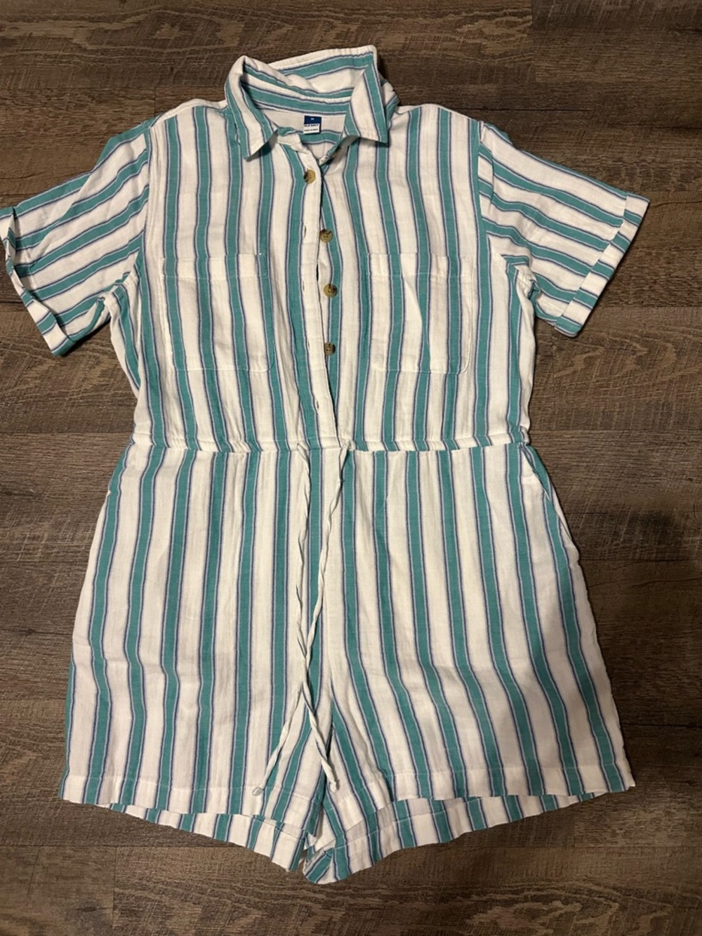 Old Navy Teal and White Striped Short-Sleeve Romper